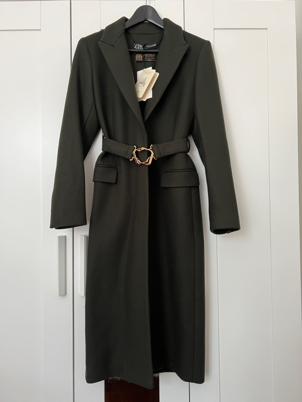 Zara Dark Olive Green Long Trench Coat with Statement Belt (75% wool) Size S